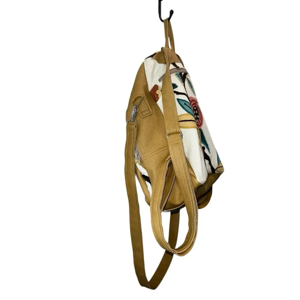 Boho Embroidered Floral Convertible Backpack Purse Canvas & Faux Leather